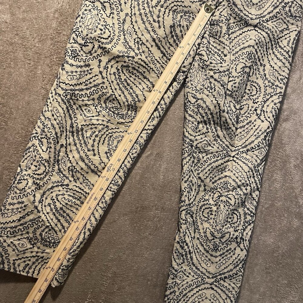 Talbots Pants Womens 10 Linen Tan Black Embroidered Design Cropped Ankle High - Picture 7 of 8